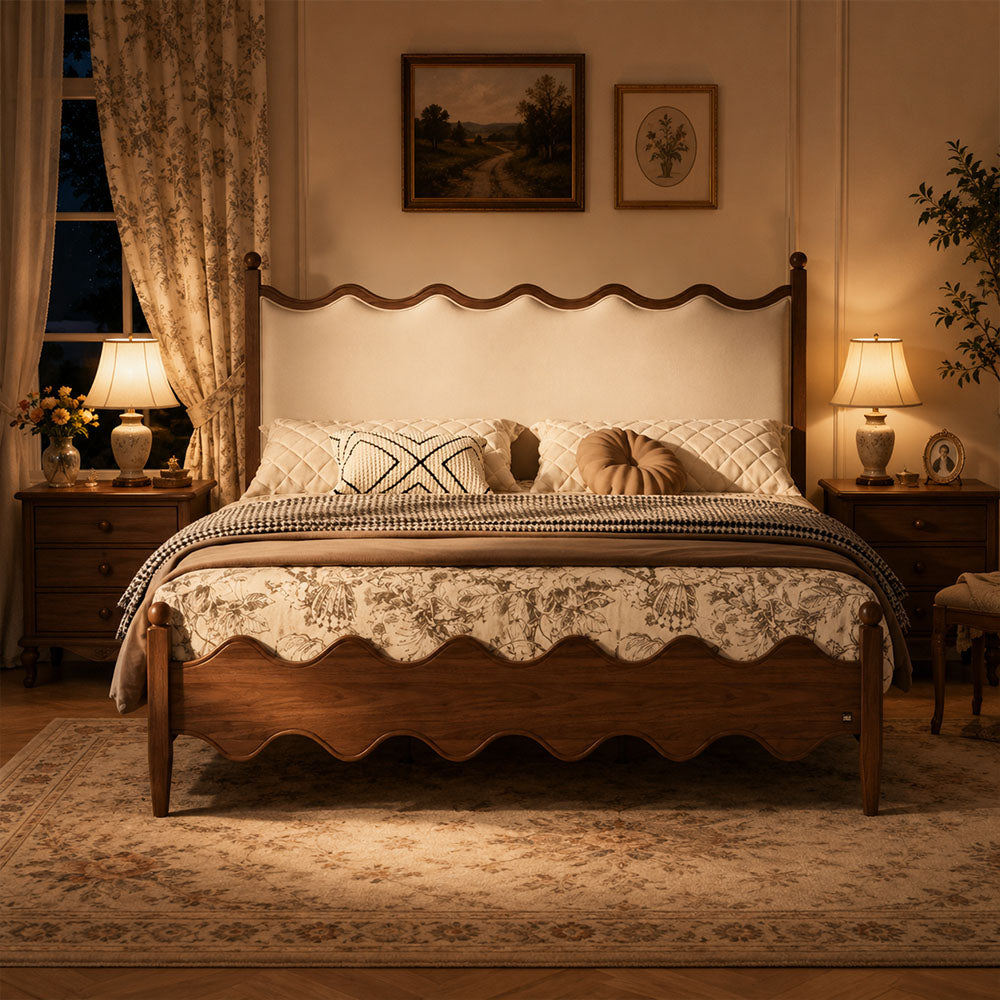 Warm modern bedroom with upholstered bed and nightstand
