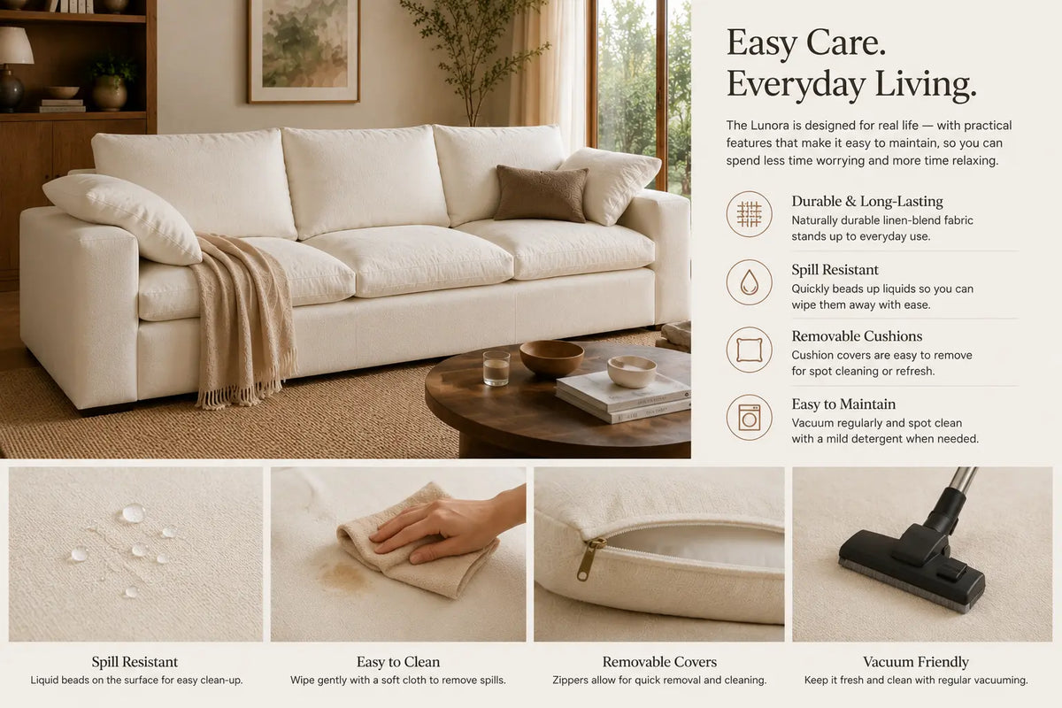 A beige upholstered loveseat sofa shown in a styled living room scene, with feature callouts and close-up detail panels below about spill resistance, easy cleaning, removable cushions, and vacuum friendliness.