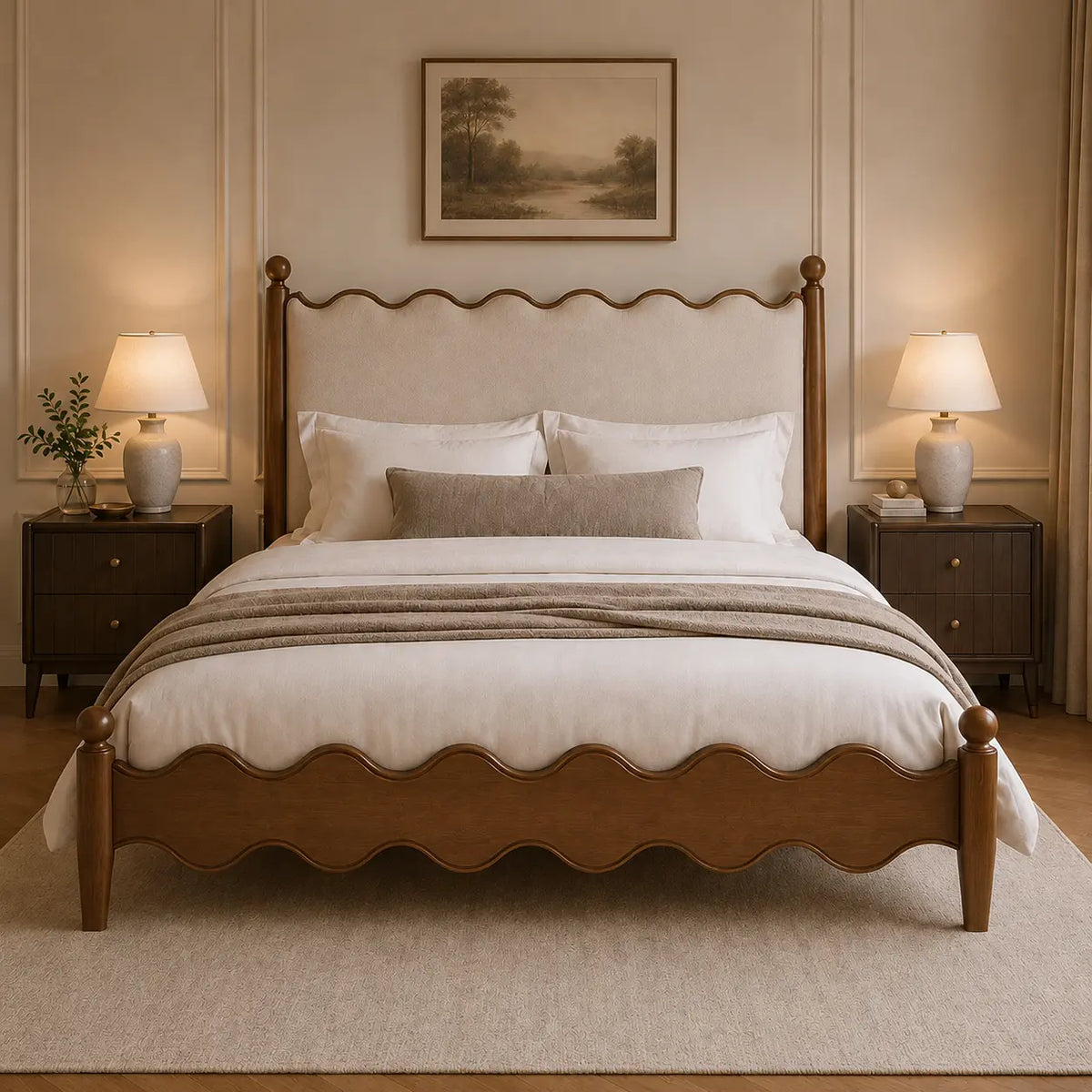 A classic wooden bed frame with a scalloped footboard and headboard, styled with white linens, a gray accent pillow, and a beige throw blanket in a warm, symmetrical bedroom setting.