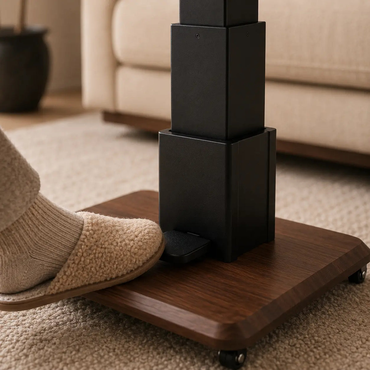 A close-up of a person's foot in beige knit slippers pressing a black foot pedal on a wooden wheeled base, with a sofa and carpet visible in the background.