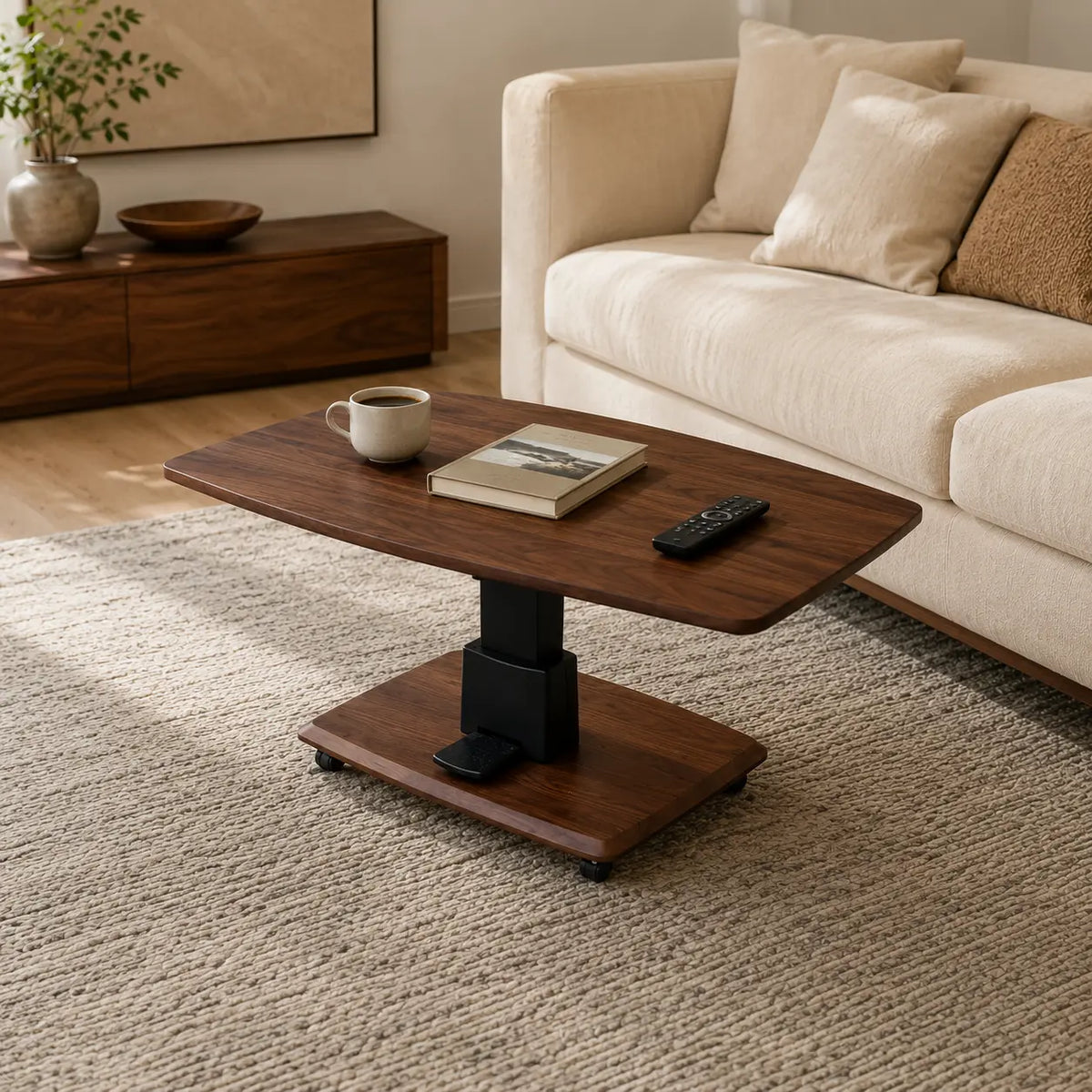 A dark wood rolling coffee table with a black metal pedestal base and caster wheels, styled in a living room on a textured beige rug next to a cream sofa.