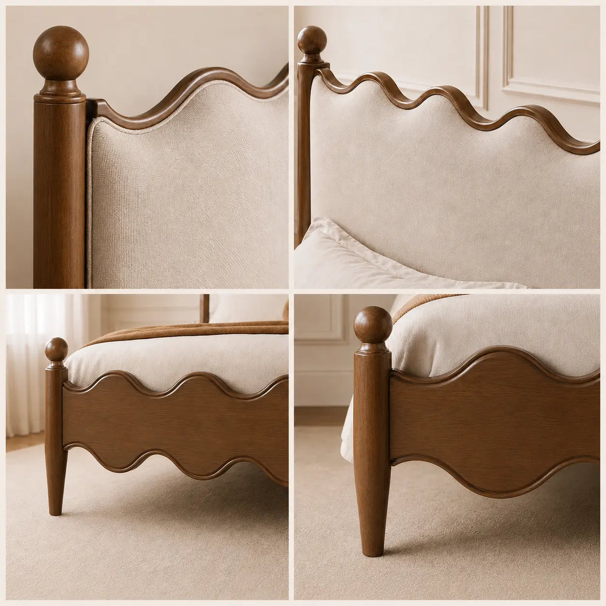 A four-panel close-up collage of a wooden bed frame with a wavy upholstered headboard and footboard, shown in warm brown wood and cream fabric in an indoor room setting.