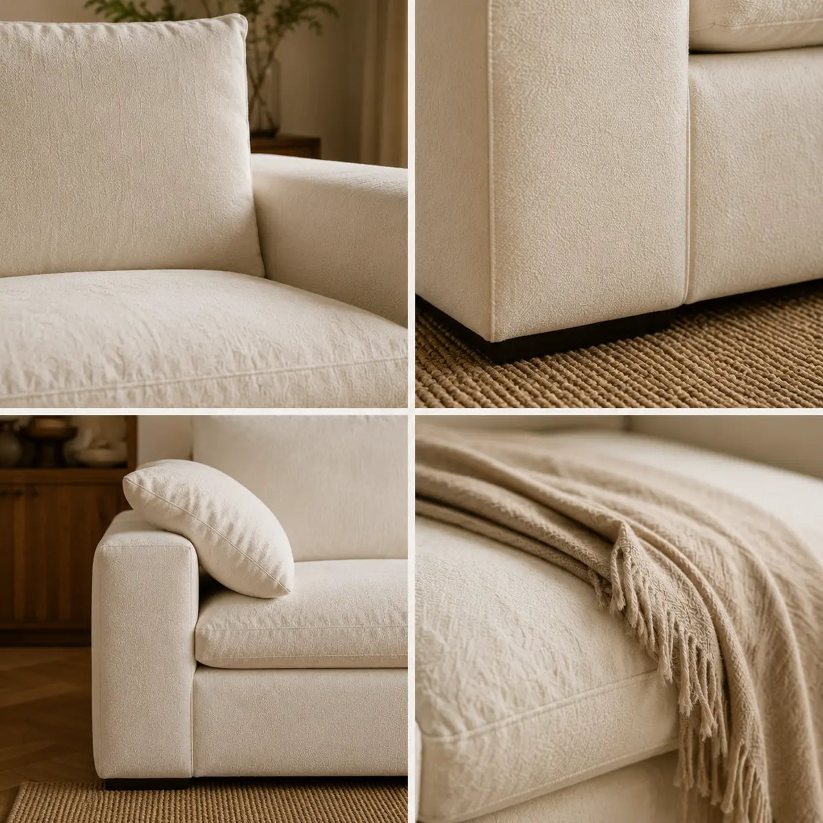 A four-panel collage showing a cream upholstered sofa in a warm living room setting. The panels highlight the seat cushion, the side base with dark legs, a matching throw pillow, and a beige fringed throw blanket draped over the arm.