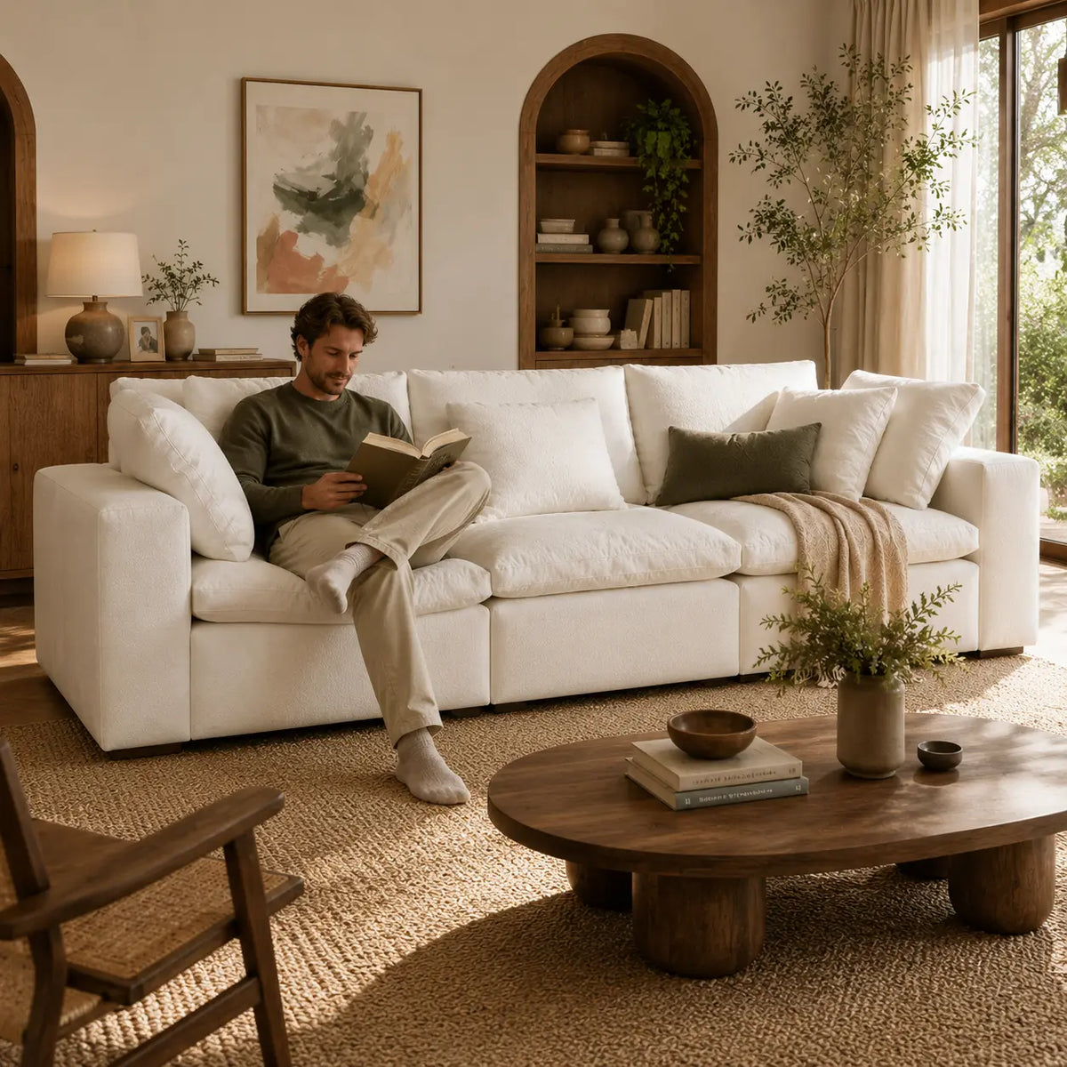 A man sits on a large cream-colored sectional sofa in a warm, modern living room, reading a book. The room features a round wooden coffee table, a textured beige rug, and built-in wooden shelves in the background.