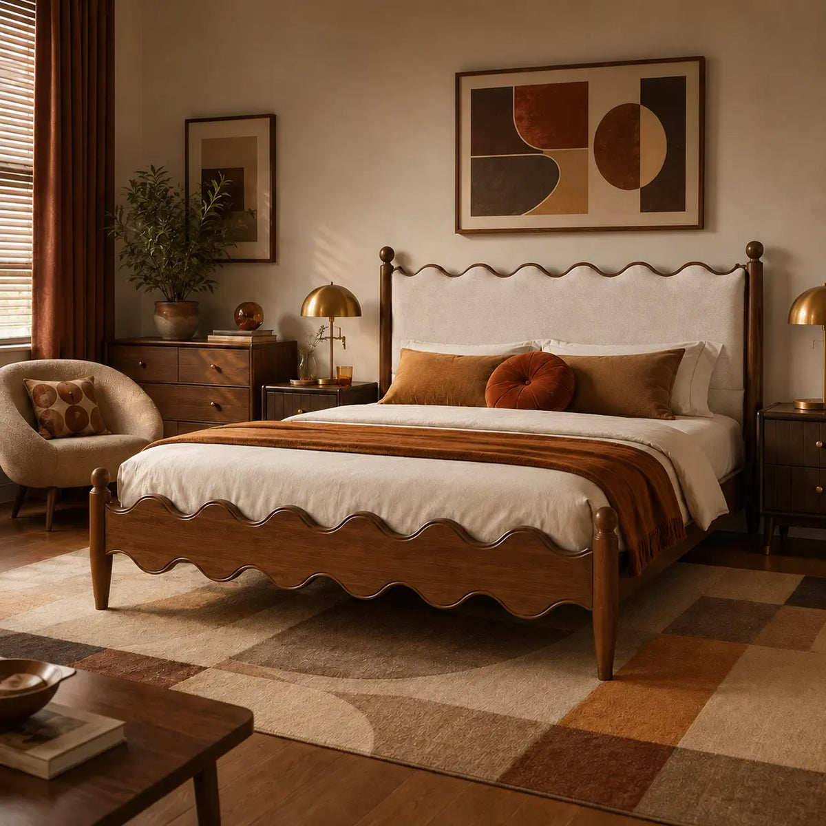 A mid-century modern wooden bed frame with a scalloped headboard and footboard, styled in a warm, cozy bedroom setting with beige and brown bedding, a checkered rug, and matching wall art.