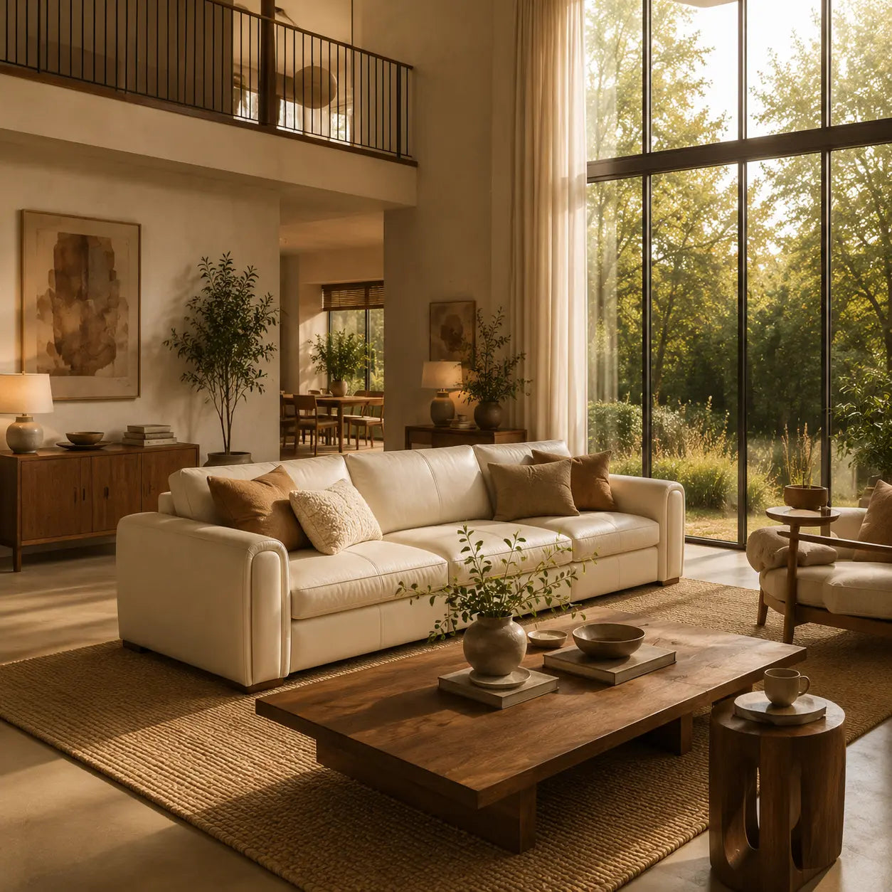 A modern living room featuring a cream leather sofa with brown and beige accent pillows, a dark wood coffee table, a large woven area rug, and floor-to-ceiling windows overlooking a lush green garden.