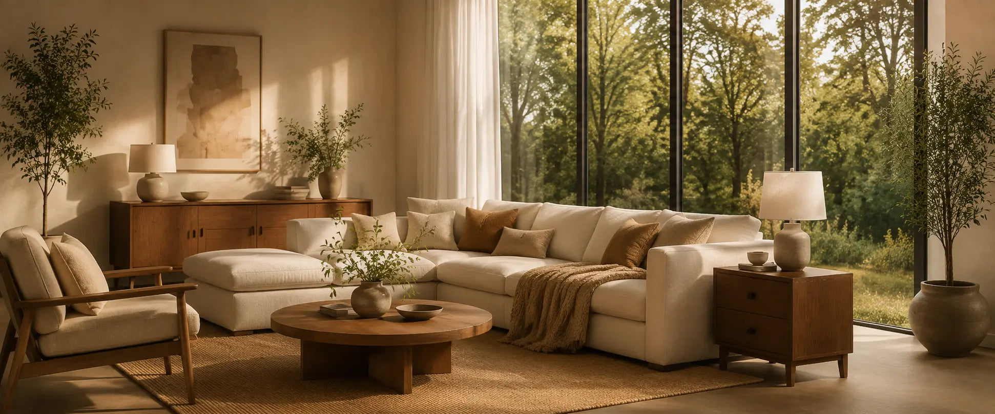 A modern living room featuring a large cream sectional sofa with brown and beige throw pillows, a round wooden coffee table, a matching armchair, and a wooden side table with a lamp. The room is styled with neutral beige and brown tones, large windows looking out onto a green forest, and potted plants.