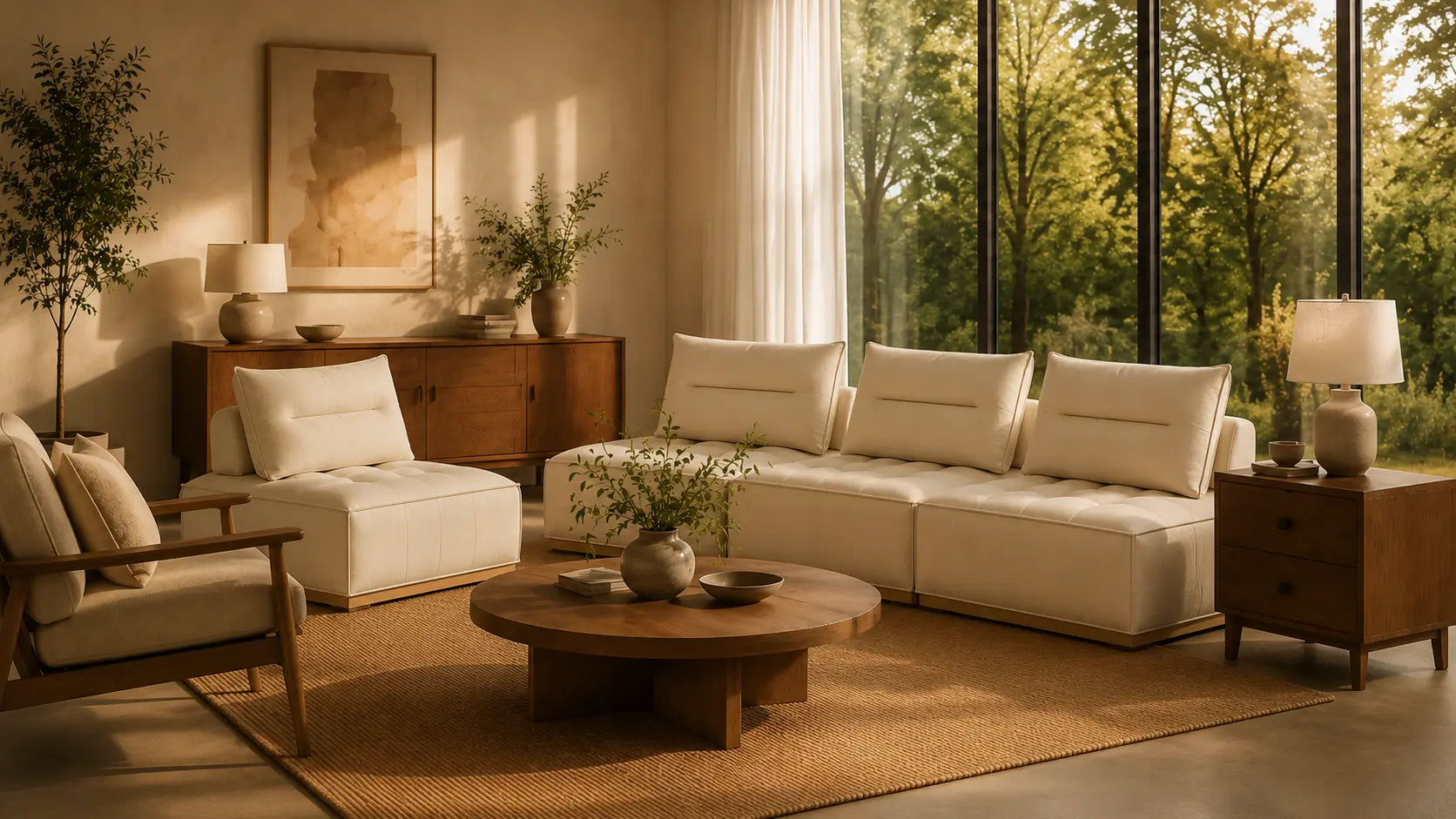 A modern living room scene featuring a cream-colored sectional sofa, a matching armchair, a round wooden coffee table, and warm wood side tables, set against a backdrop of large windows showing a lush green outdoor view.