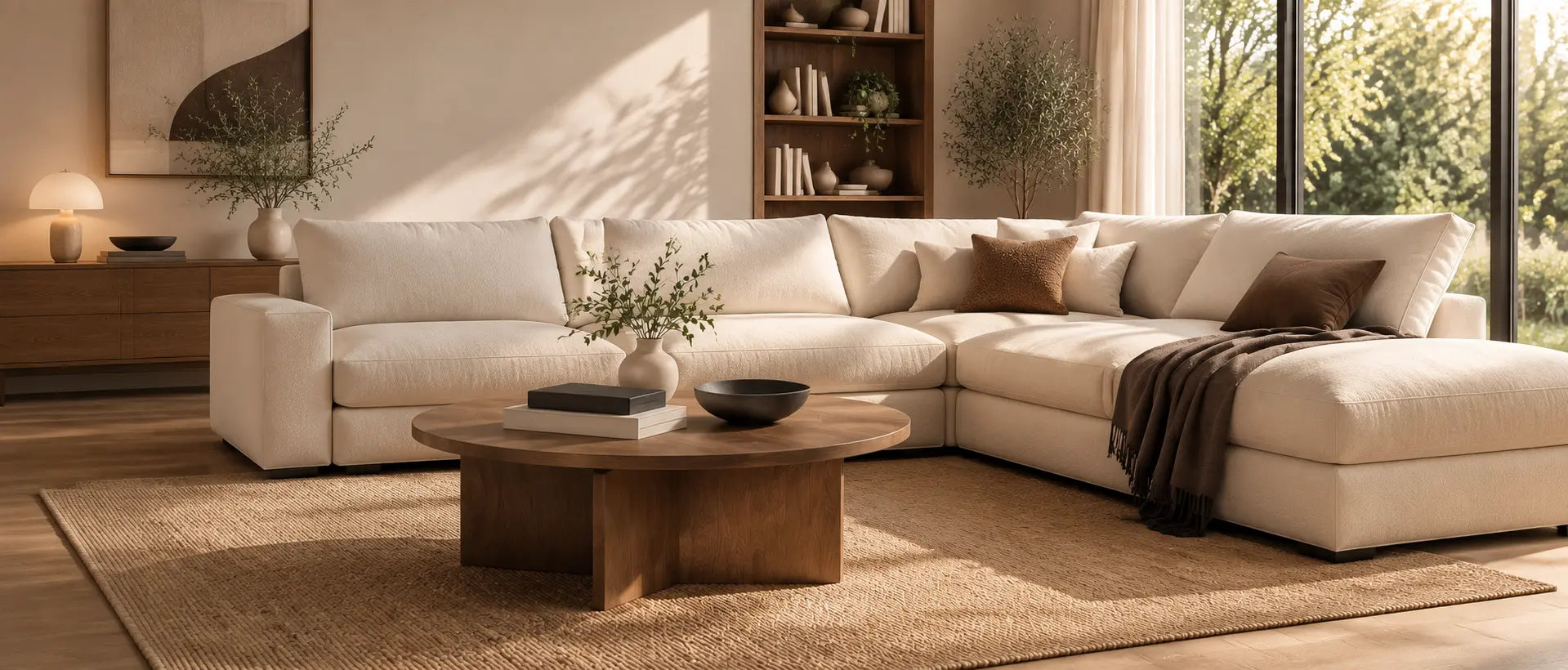 A modern sectional sofa in a warm cream or off-white fabric, styled in a bright, contemporary living room with a round wooden coffee table, textured rug, and large windows.