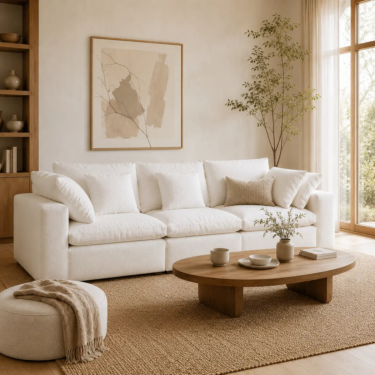 A modern white sectional sofa in a bright, minimalist living room with a round wooden coffee table, a beige pouf, and a large abstract art print on the wall.