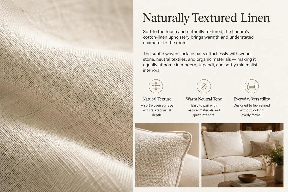 A promotional graphic for Lunra Naturally Textured Linen, featuring a close-up of the soft, beige woven fabric on the left, product text on the right, and a styled living room scene at the bottom showing the linen used in pillows and upholstery.