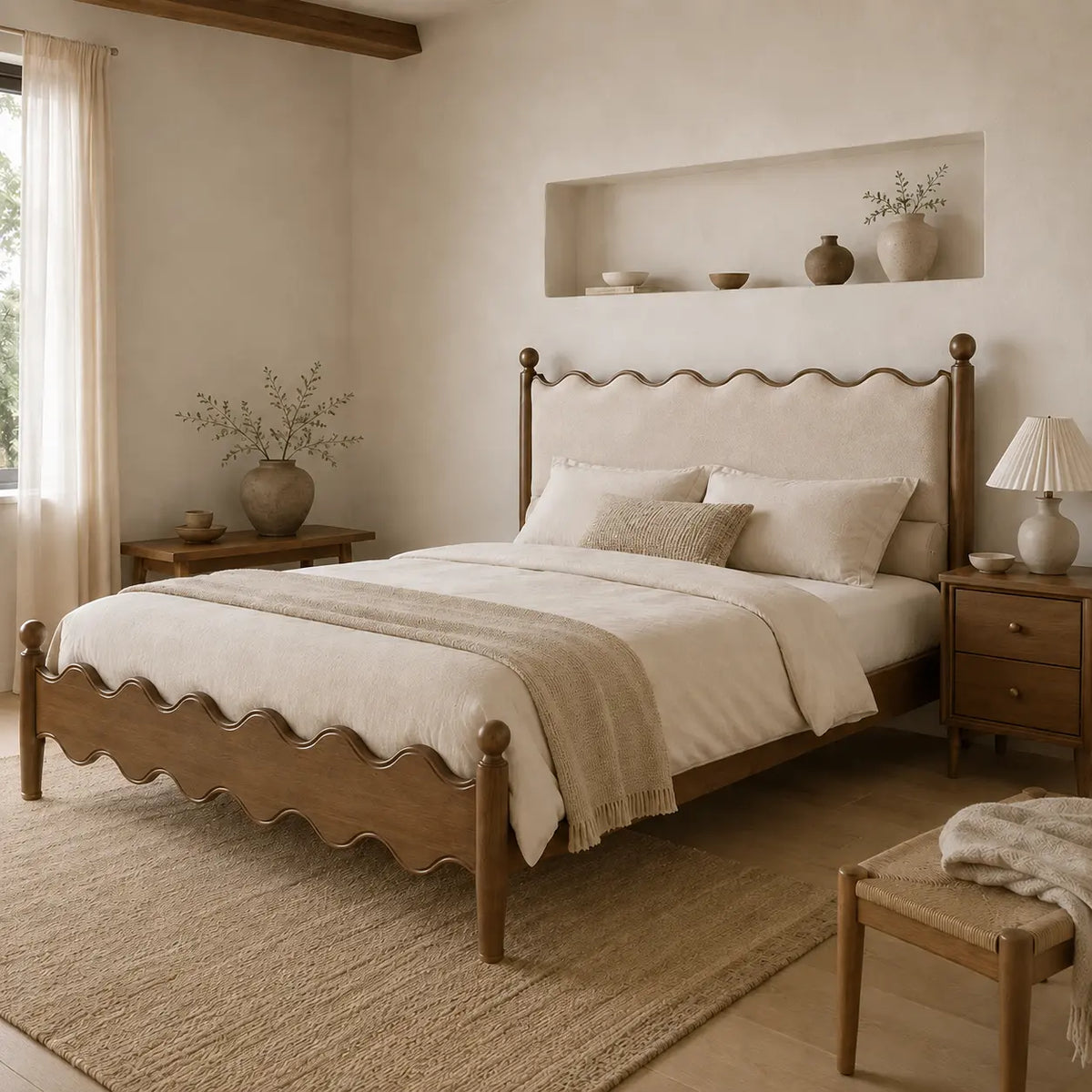 A rustic wooden bed frame with a scalloped headboard and footboard, styled with neutral beige bedding, a textured throw blanket, and matching bedside tables in a warm, earthy bedroom setting.