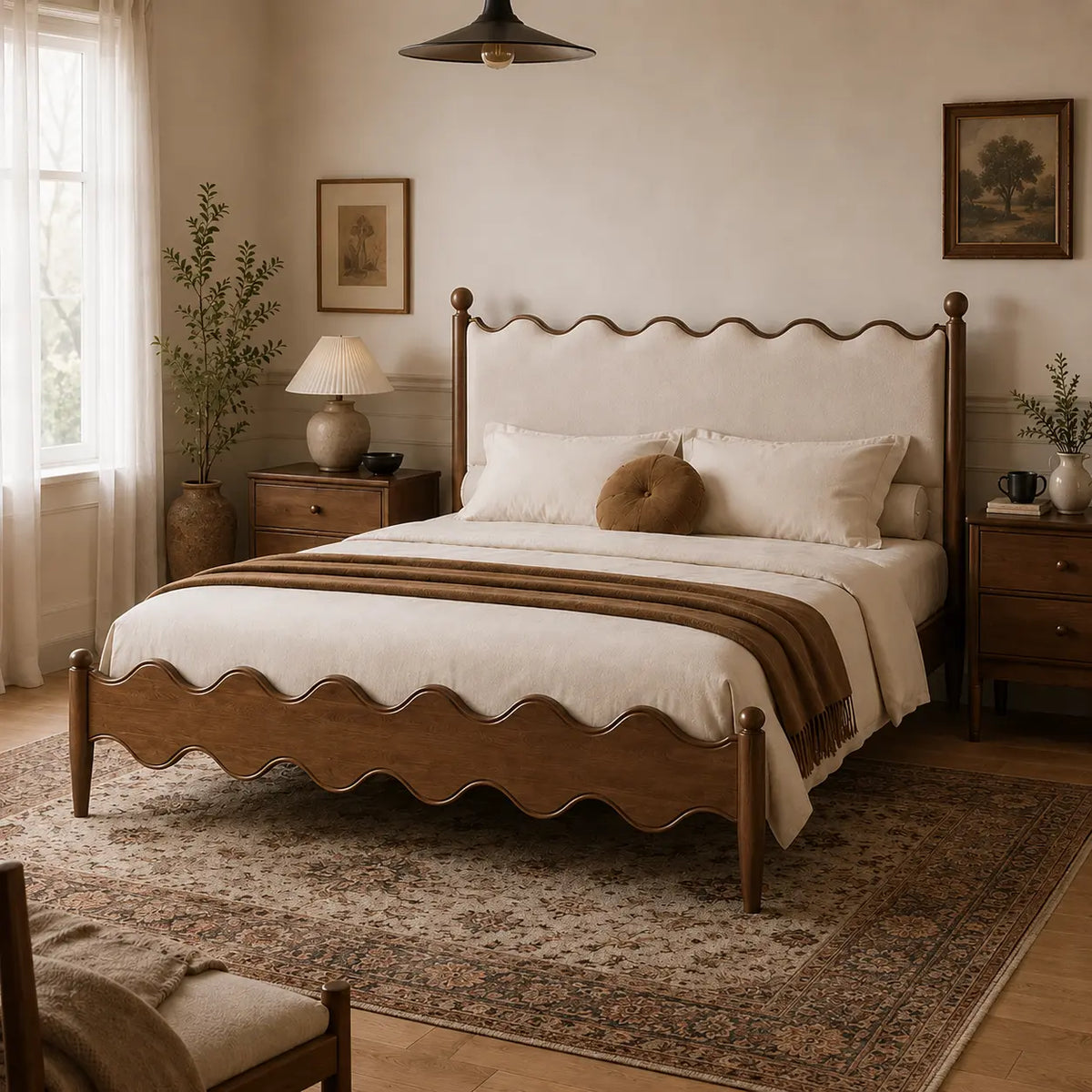 A rustic wooden bed frame with a scalloped headboard and footboard, dressed in white linens and a brown throw blanket, set in a cozy, warm-toned bedroom.