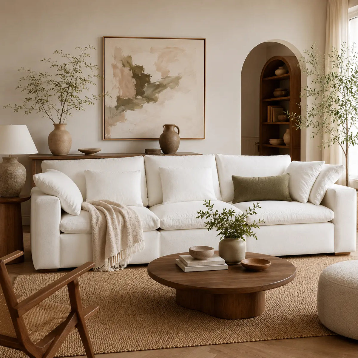 A white sectional sofa in a warm, modern living room setting with a round wooden coffee table, beige rug, and a framed abstract painting on the wall.