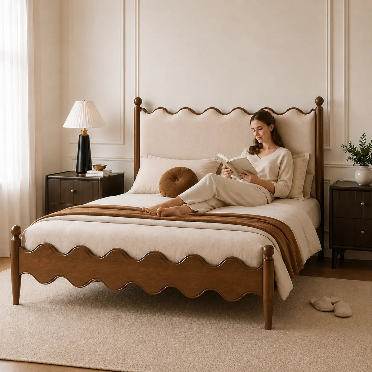 A woman lounges on a wooden bed with a cream upholstered headboard in a warm, neutral-toned bedroom. The bed is dressed in cream bedding with a brown throw blanket, and the room features matching dark wood nightstands, a table lamp, and a small plant.