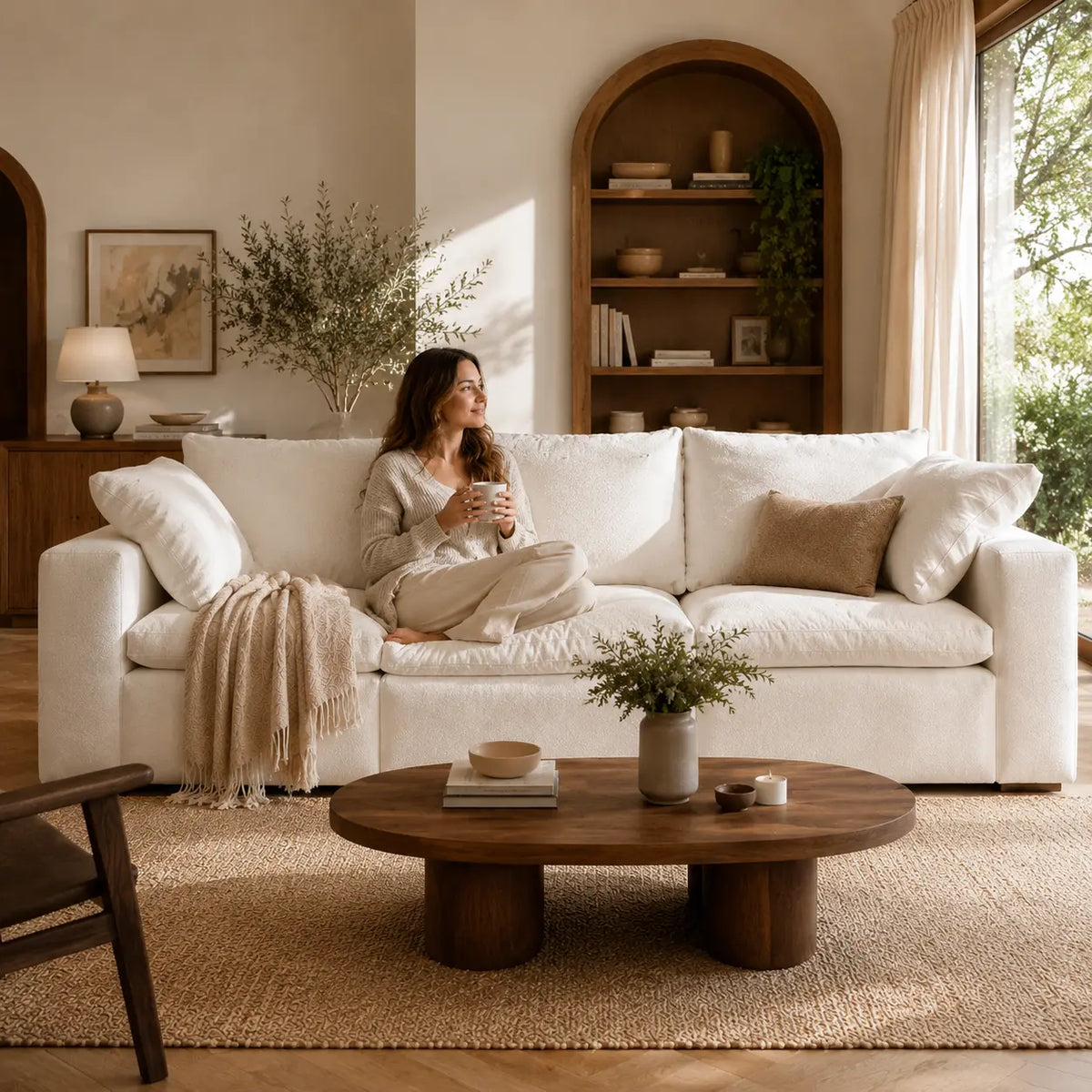 A woman relaxes on a cream-colored sofa in a warm, modern living room. The room features a round wooden coffee table, a textured beige rug, and built-in wooden shelving in the background.