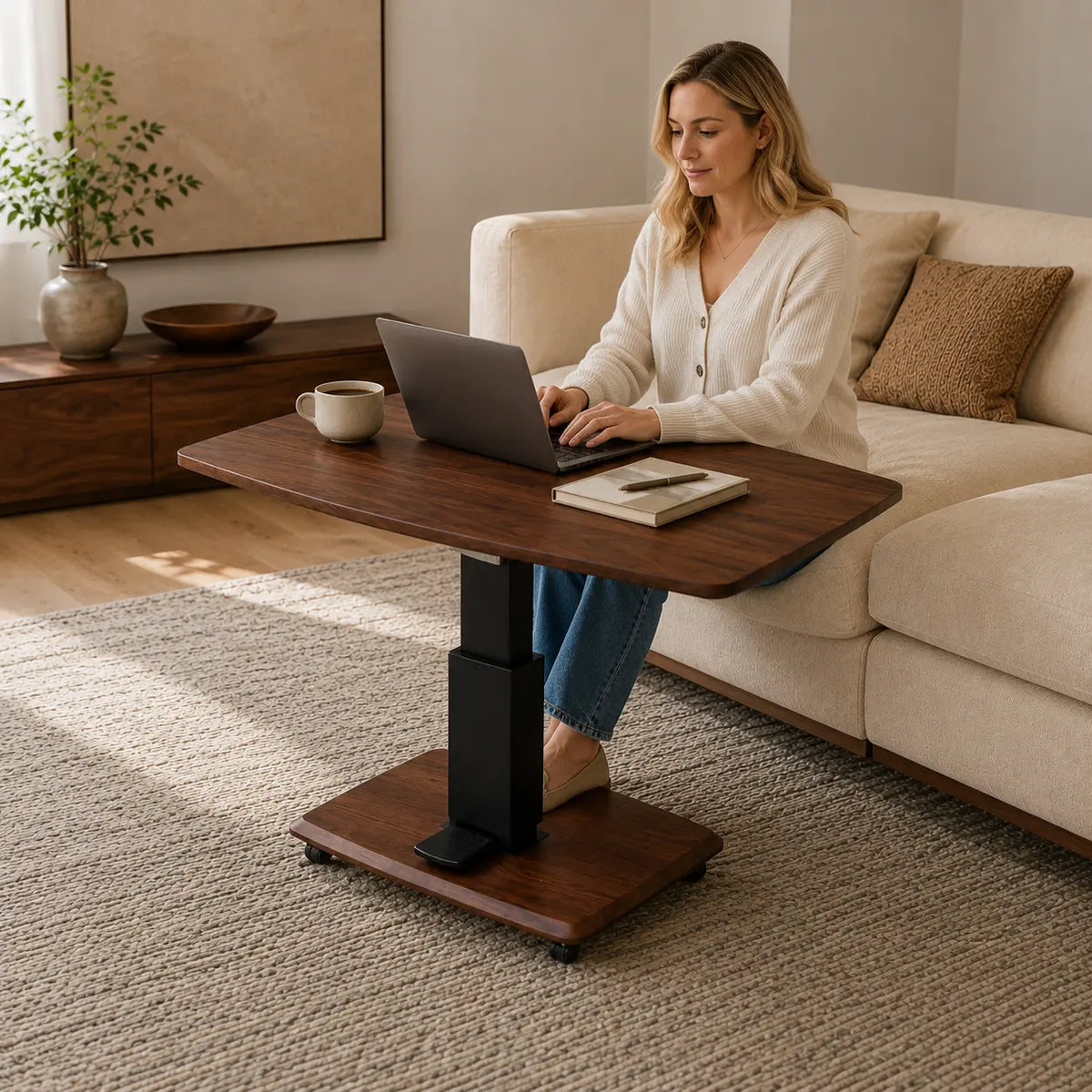 A woman sits on a beige sofa in a living room, using a black standing desk with a dark wood top. The desk has a black metal support column and a square base with casters.