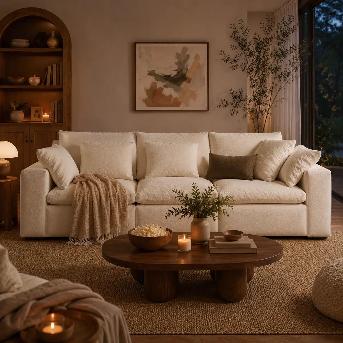 A cozy living room scene featuring a cream-colored three-seater sofa with matching throw pillows, a beige knit throw blanket, and a round dark wood coffee table in the foreground.