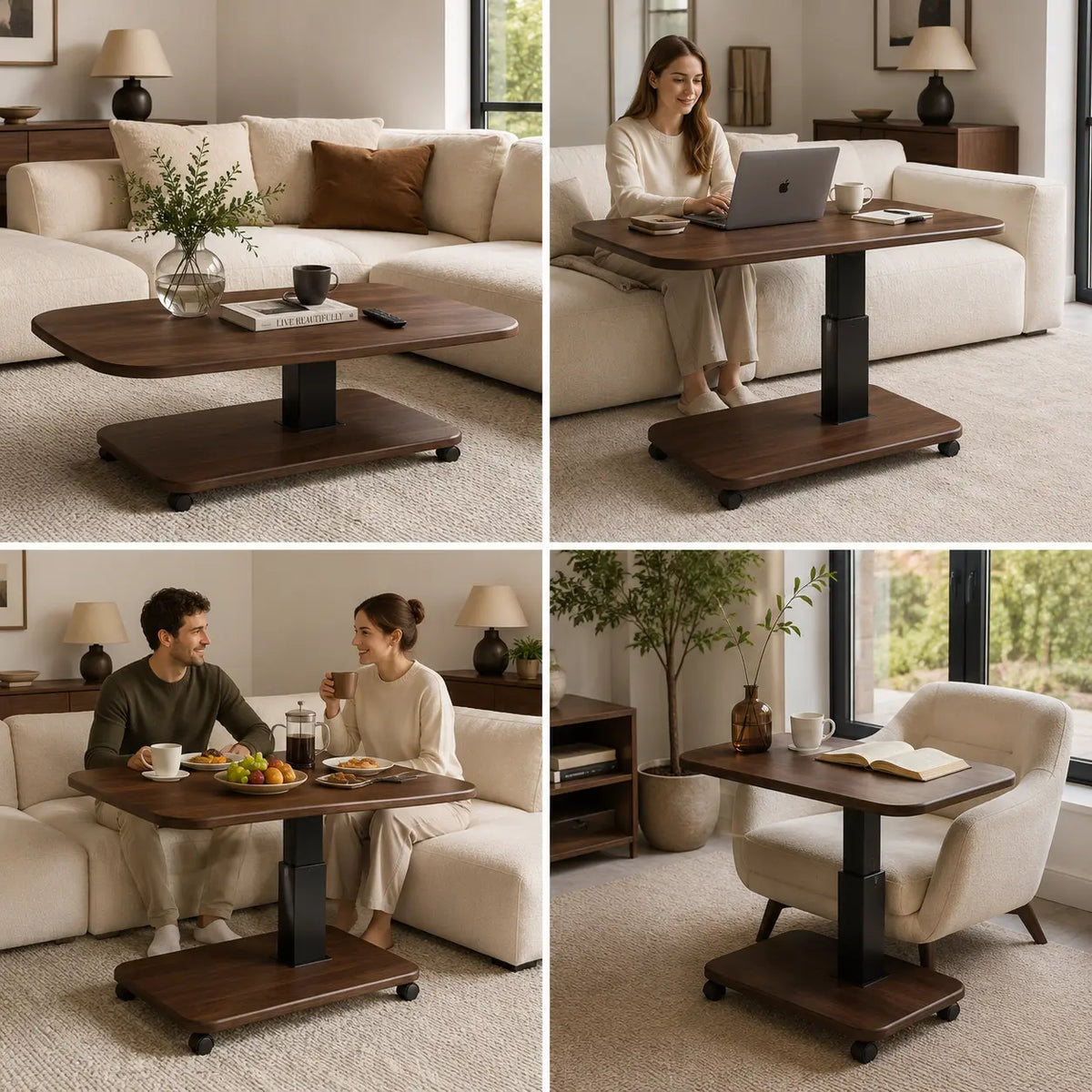 A 2x2 collage showing a dark wood and black metal height-adjustable coffee table in a living room setting. The top-left panel shows the table empty on a sofa; the top-right shows a woman using it with a laptop; the bottom-left shows a couple sitting and eating at the table; the bottom-right shows the table beside an armchair.