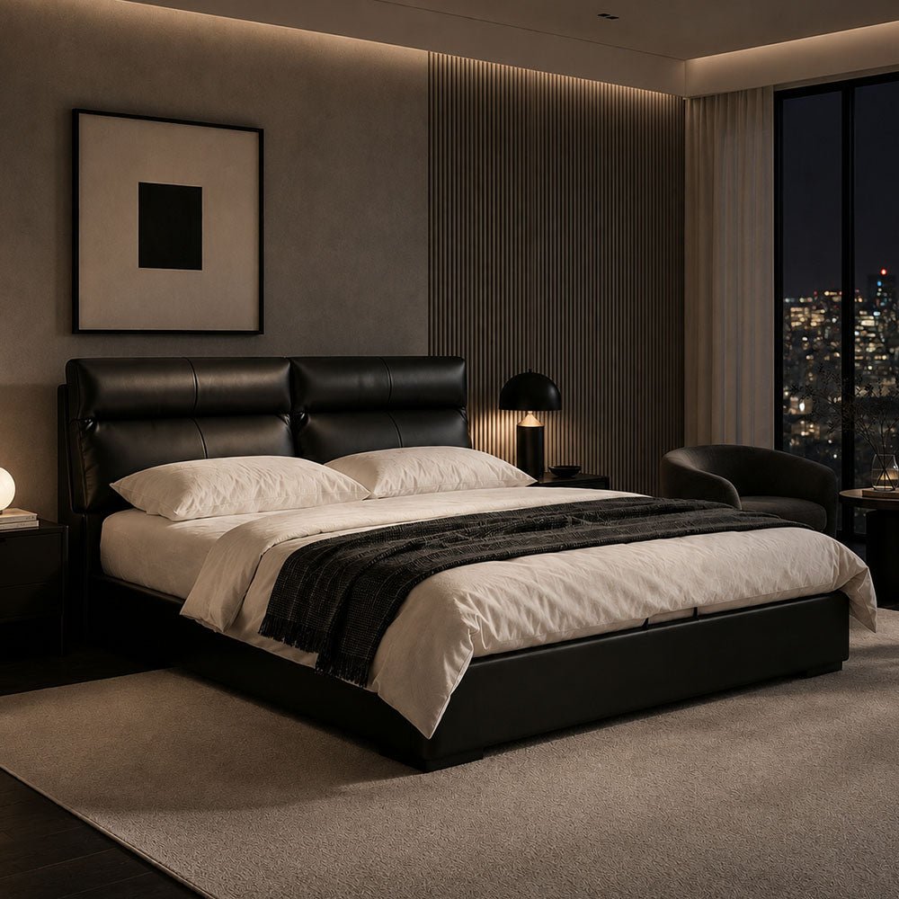 Arden Genuine Leather Storage Bed with Three Side Drawers, product view 5 by WinSpaces