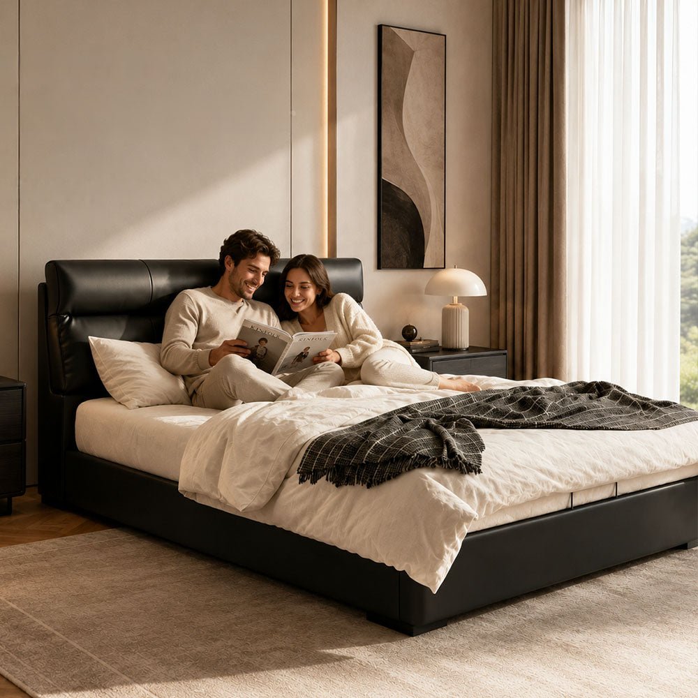 Arden Genuine Leather Storage Bed with Three Side Drawers, product view 8 by WinSpaces