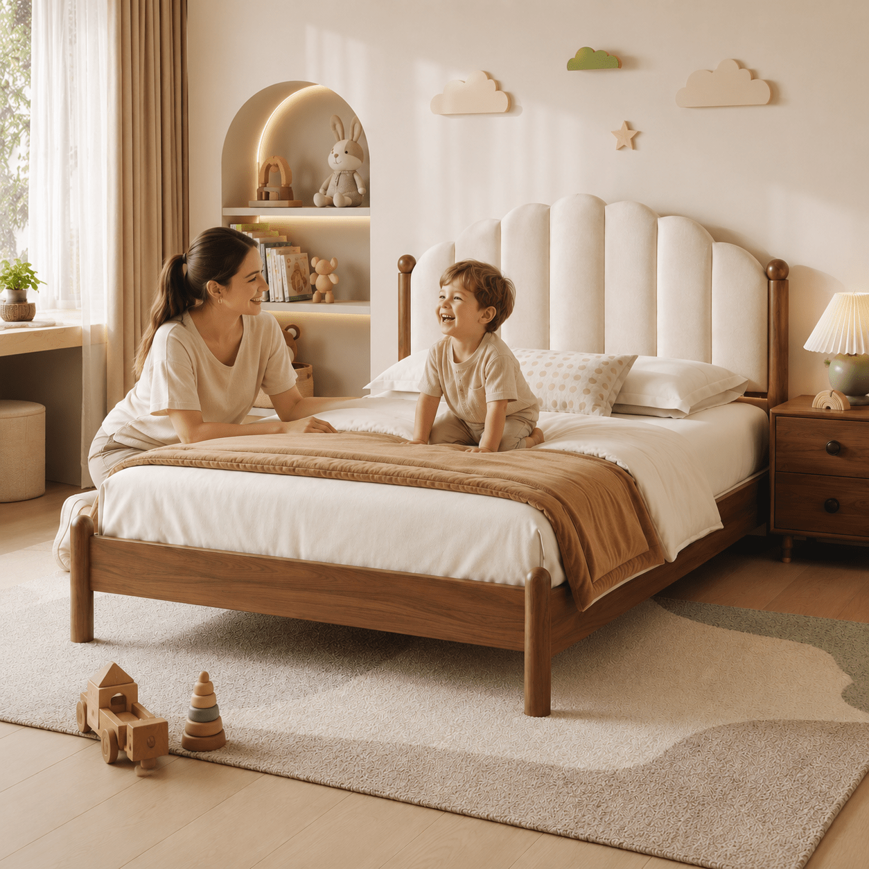 Elowen Kids Upholstered Walnut Wood Bed, product view 6 by WinSpaces