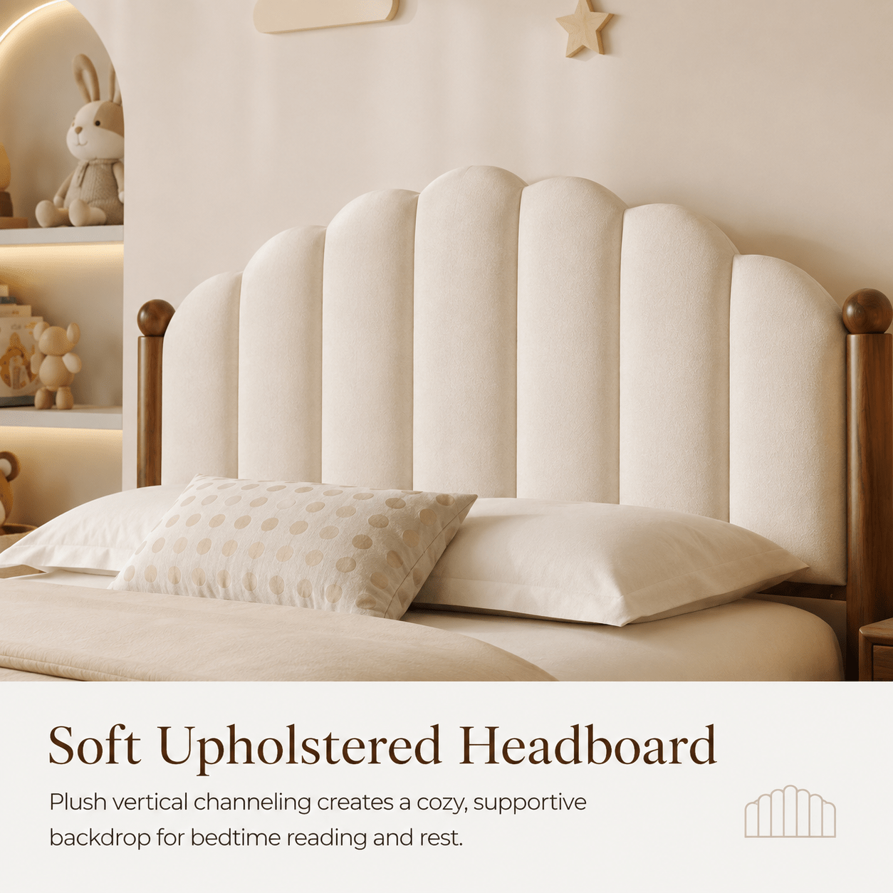 Elowen Kids Upholstered Walnut Wood Bed, product view 7 by WinSpaces