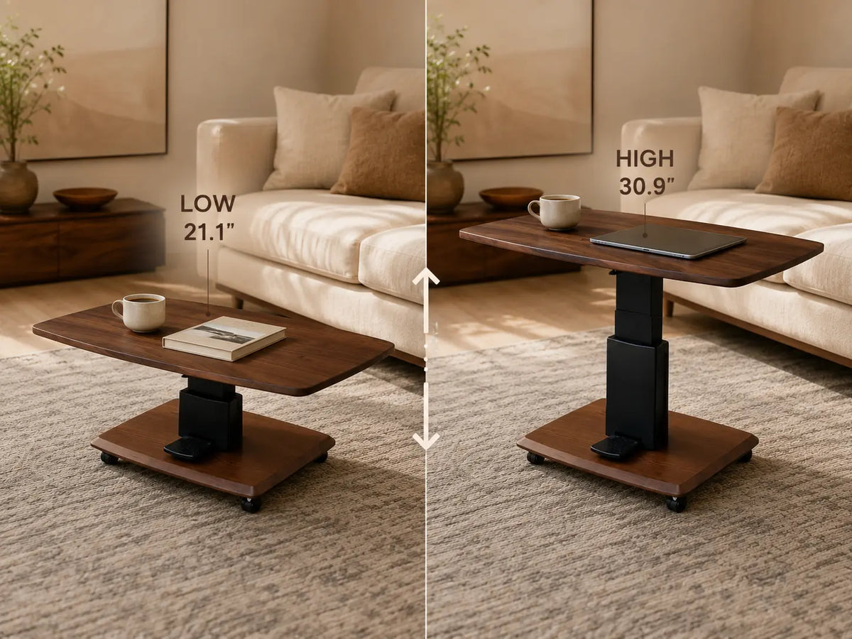 A split-screen comparison of a rolling wooden coffee table in a living room setting, showing two height settings: 'LOW 21.1"' on the left and 'HIGH 30.