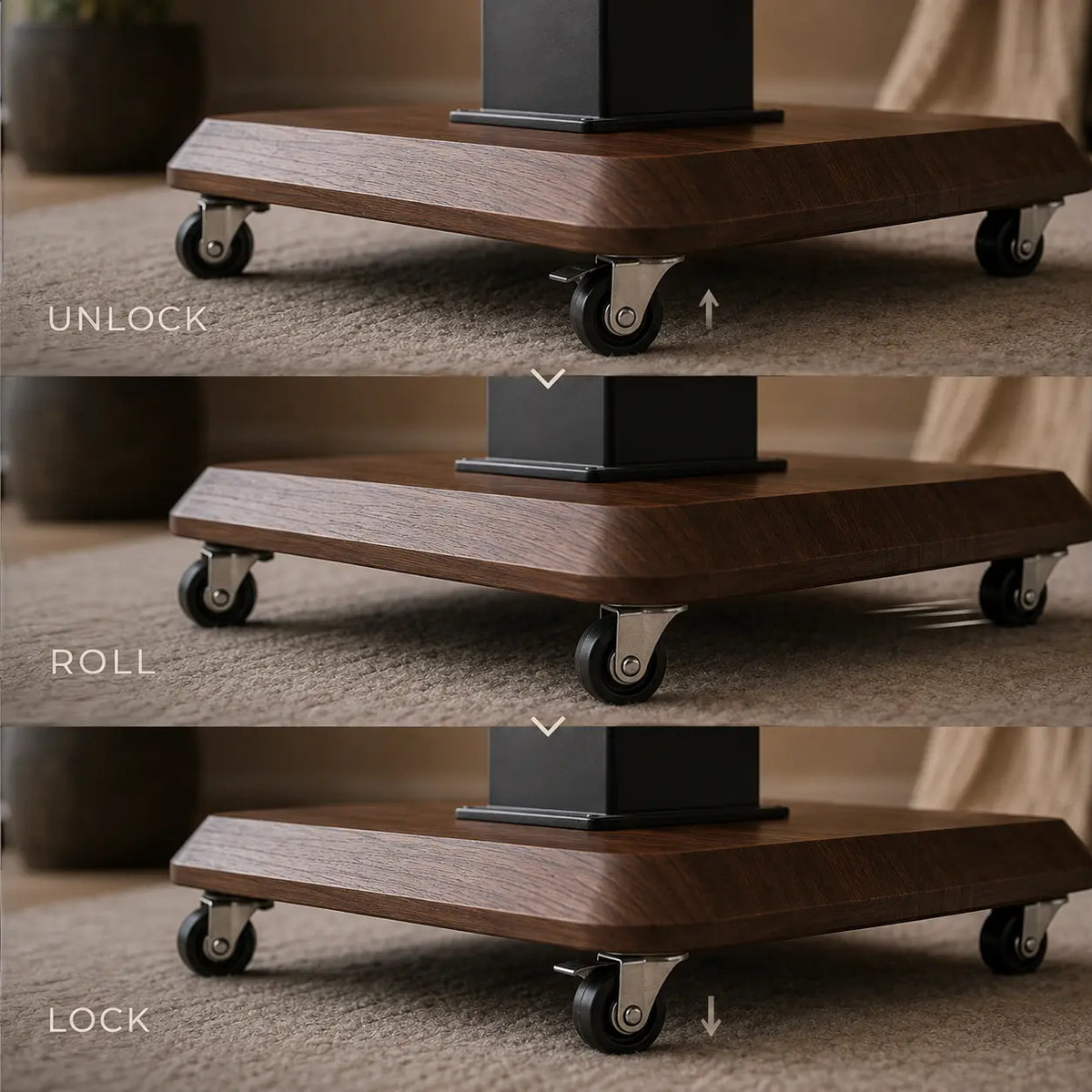 Three-panel close-up of a dark wood rolling pedestal base with black caster wheels, showing unlock, roll, and lock positions on a carpeted floor.