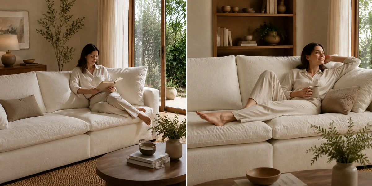 A woman in a matching cream pajama set relaxes on a large cream bouclé sectional sofa in a warm, modern living room. The image is a side-by-side comparison showing two different lounging poses.