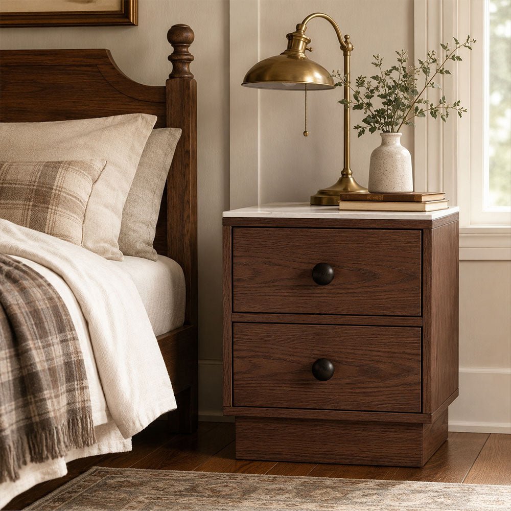 Veyra Two-Drawer Sintered Stone Solid Wood Nightstand by WinSpaces
