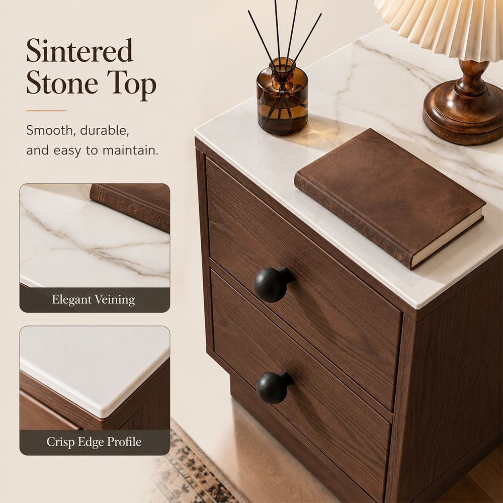 Veyra Two-Drawer Sintered Stone Solid Wood Nightstand, product view 12 by WinSpaces