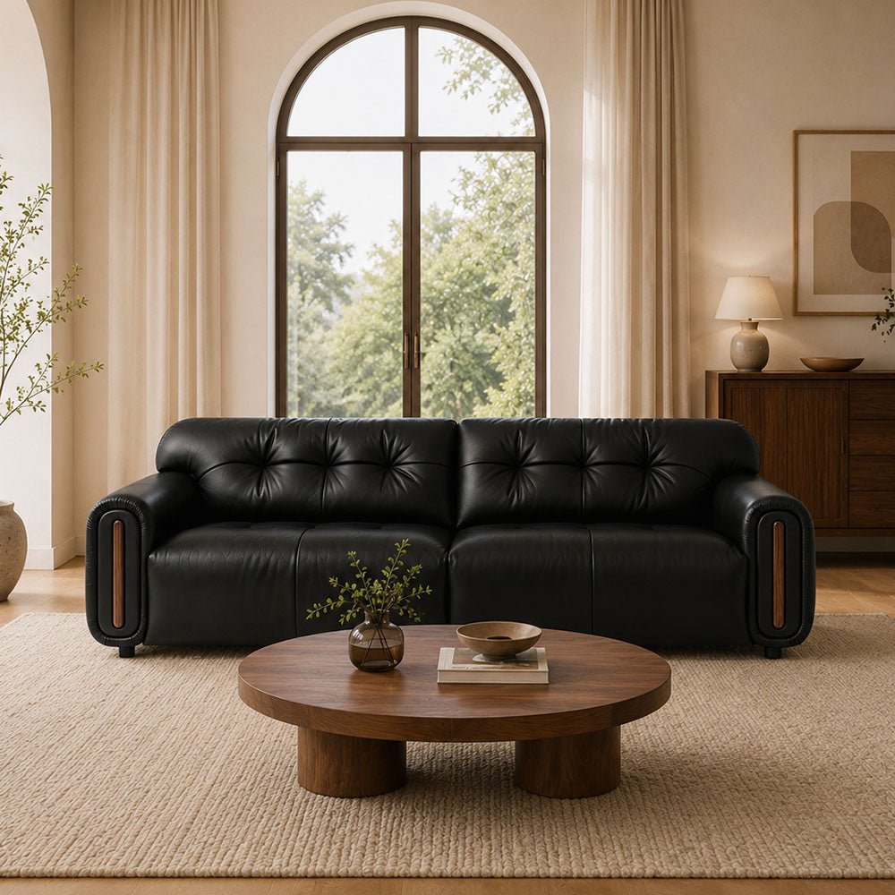 Veyra Walnut-Frame Black Leather Sofa by WinSpaces