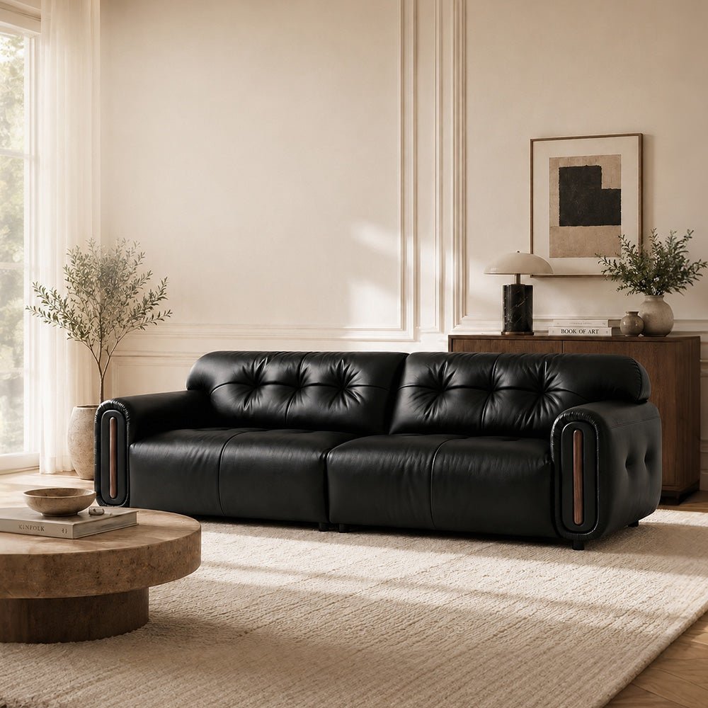 Veyra Walnut-Frame Black Leather Sofa, product view 2 by WinSpaces