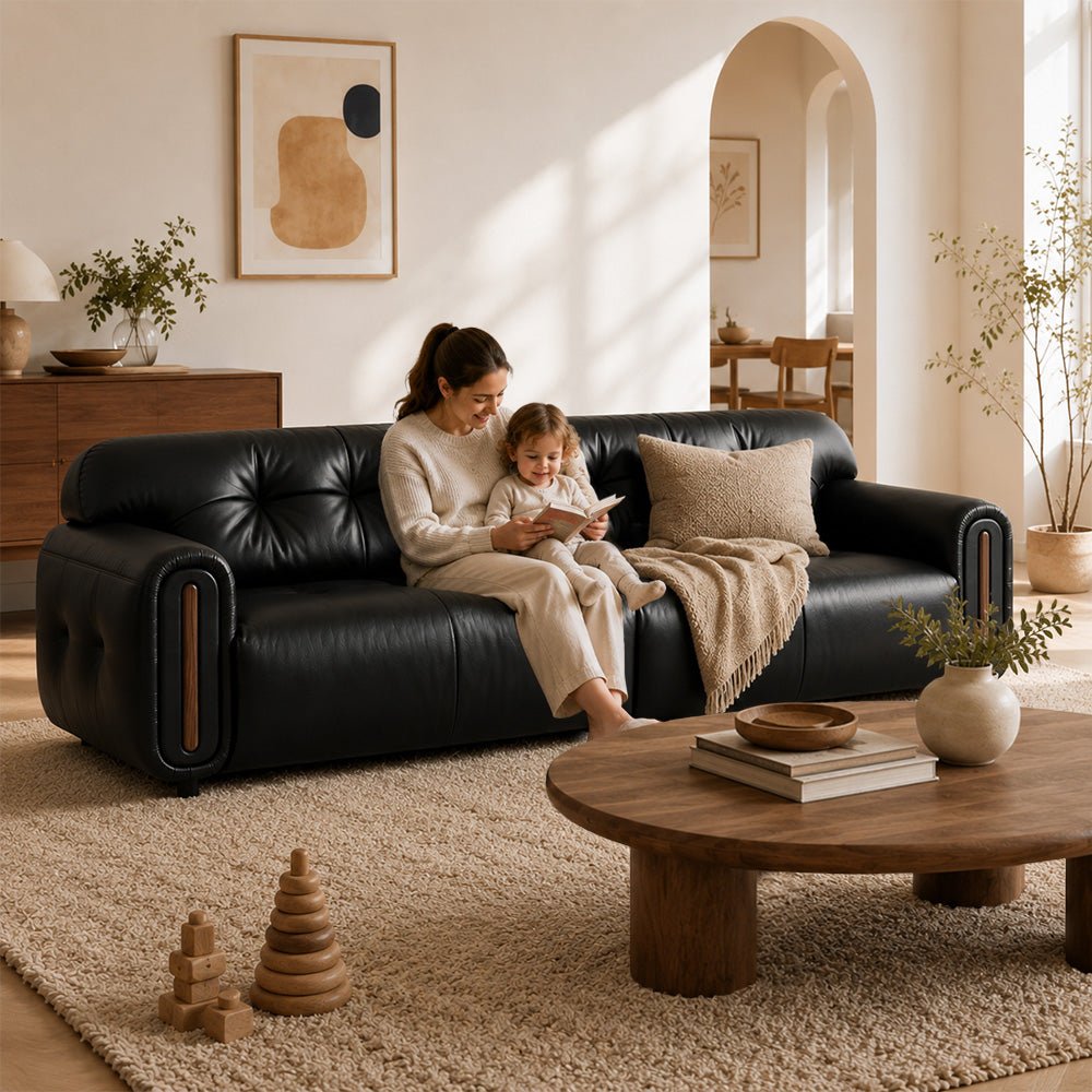 Veyra Walnut-Frame Black Leather Sofa, product view 5 by WinSpaces