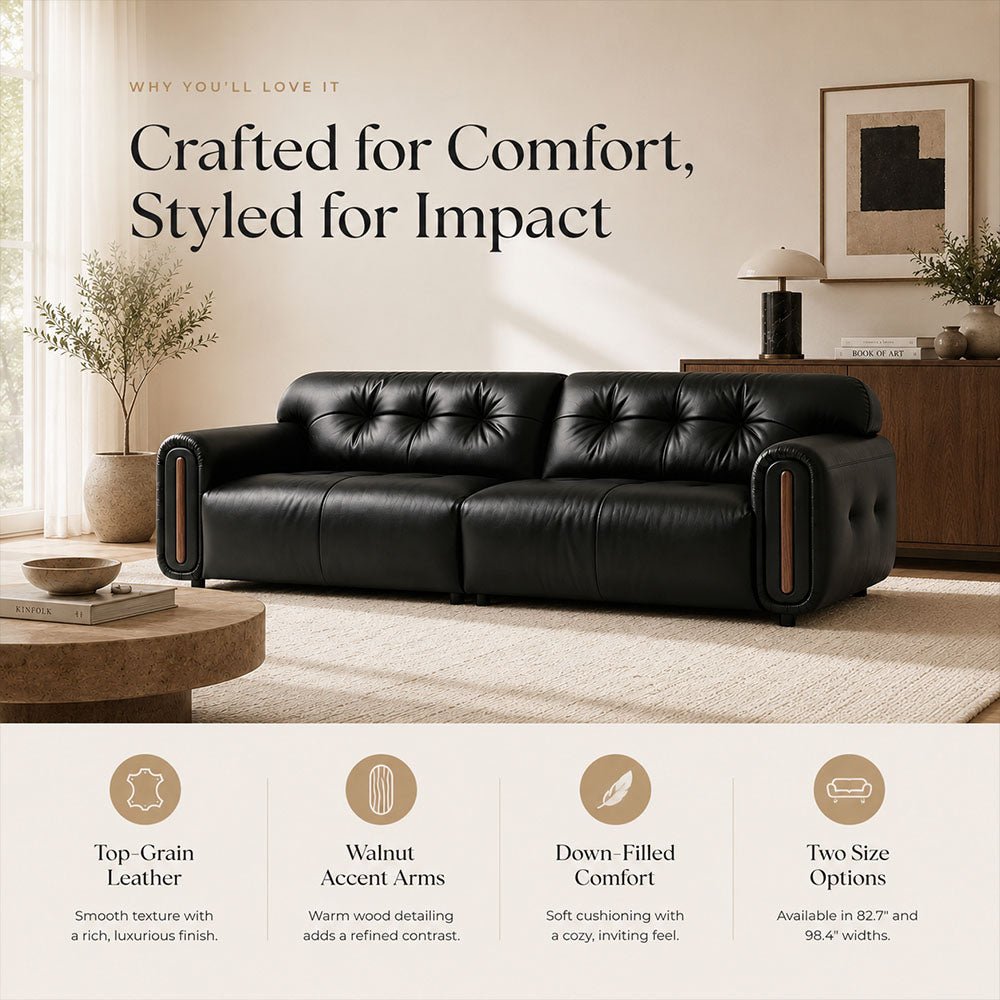 Veyra Walnut-Frame Black Leather Sofa, product view 13 by WinSpaces