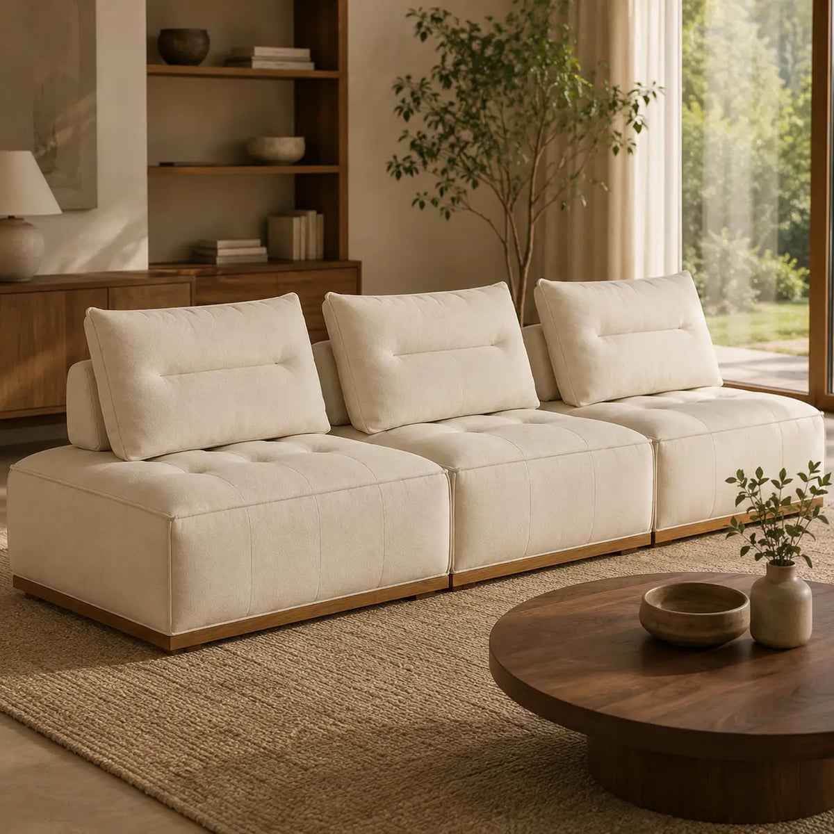 A cream-colored modular upholstered sofa with tufted back cushions and a wooden base, styled in a warm, modern living room with a round wooden coffee table, a woven rug, and a large window.