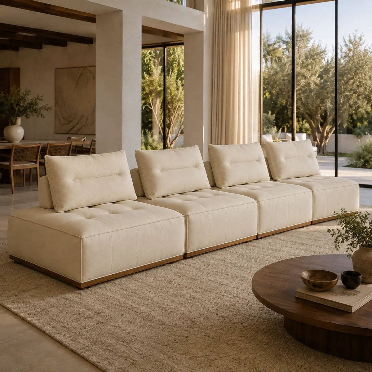 A modern sectional sofa in warm off-white upholstery with tufted back cushions and a low wooden base, staged in a bright contemporary living room with large windows, a rug, and a round coffee table.