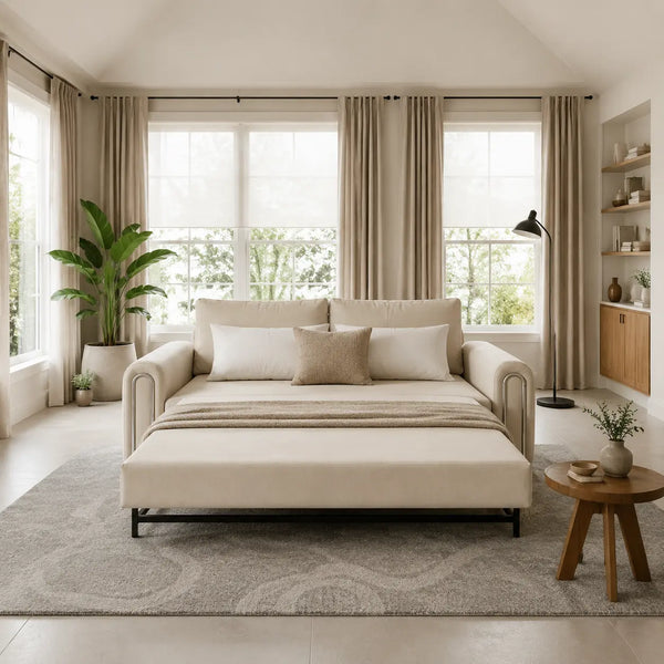 A cream upholstered daybed or chaise lounge with matching pillows and a folded throw, placed in a bright, modern room with large windows, beige curtains, a rug, a side table, and a floor lamp.