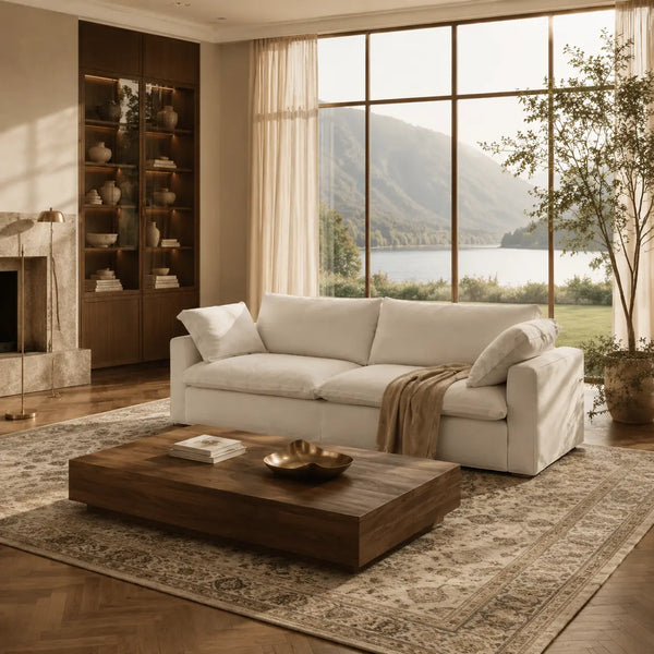 A modern living room scene featuring a white upholstered sofa as the main product, styled with neutral-toned throw pillows, a beige throw blanket, a dark wood coffee table, and a large patterned rug. The background shows a large window with a scenic lake and mountain view, a wooden shelving unit, and a potted tree.