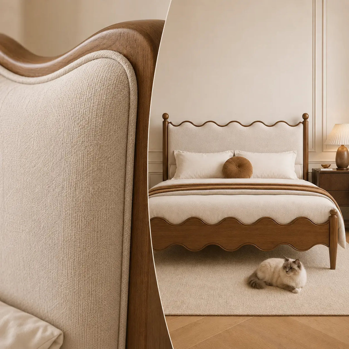A warm-toned bedroom scene showing a wooden bed with a scalloped headboard and matching footboard, dressed in white bedding and a brown throw. A cream-colored cat lies on a light rug in the room.