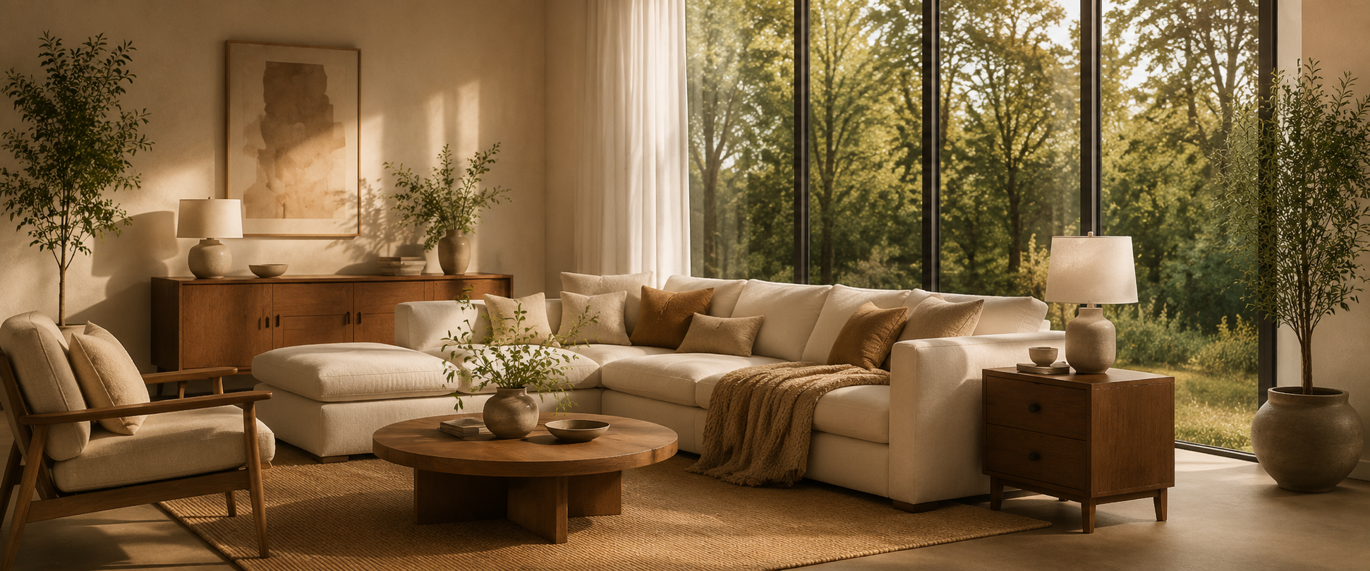 Warm modern living room with WinSpaces sofas and furniture