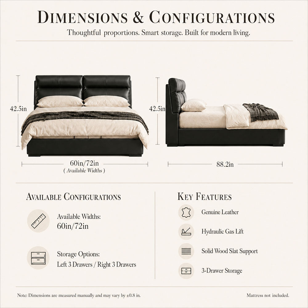 Arden Genuine Leather Storage Bed with Three Side Drawers, product view 6 by WinSpaces