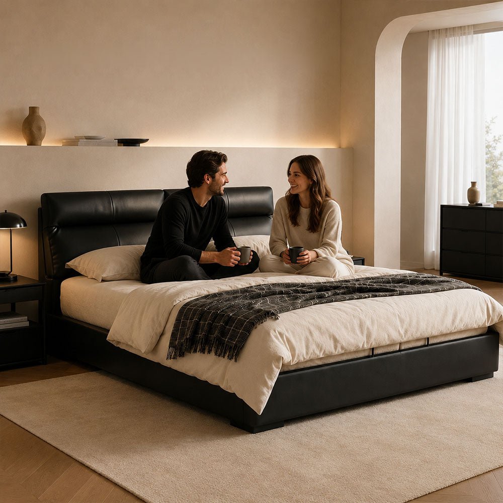 Arden Genuine Leather Storage Bed with Three Side Drawers, product view 7 by WinSpaces