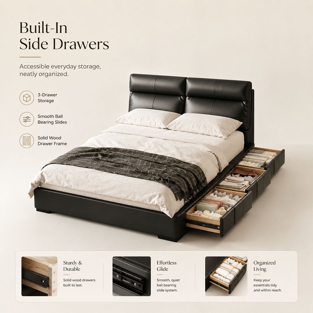 Arden Genuine Leather Storage Bed with Three Side Drawers, product view 11 by WinSpaces