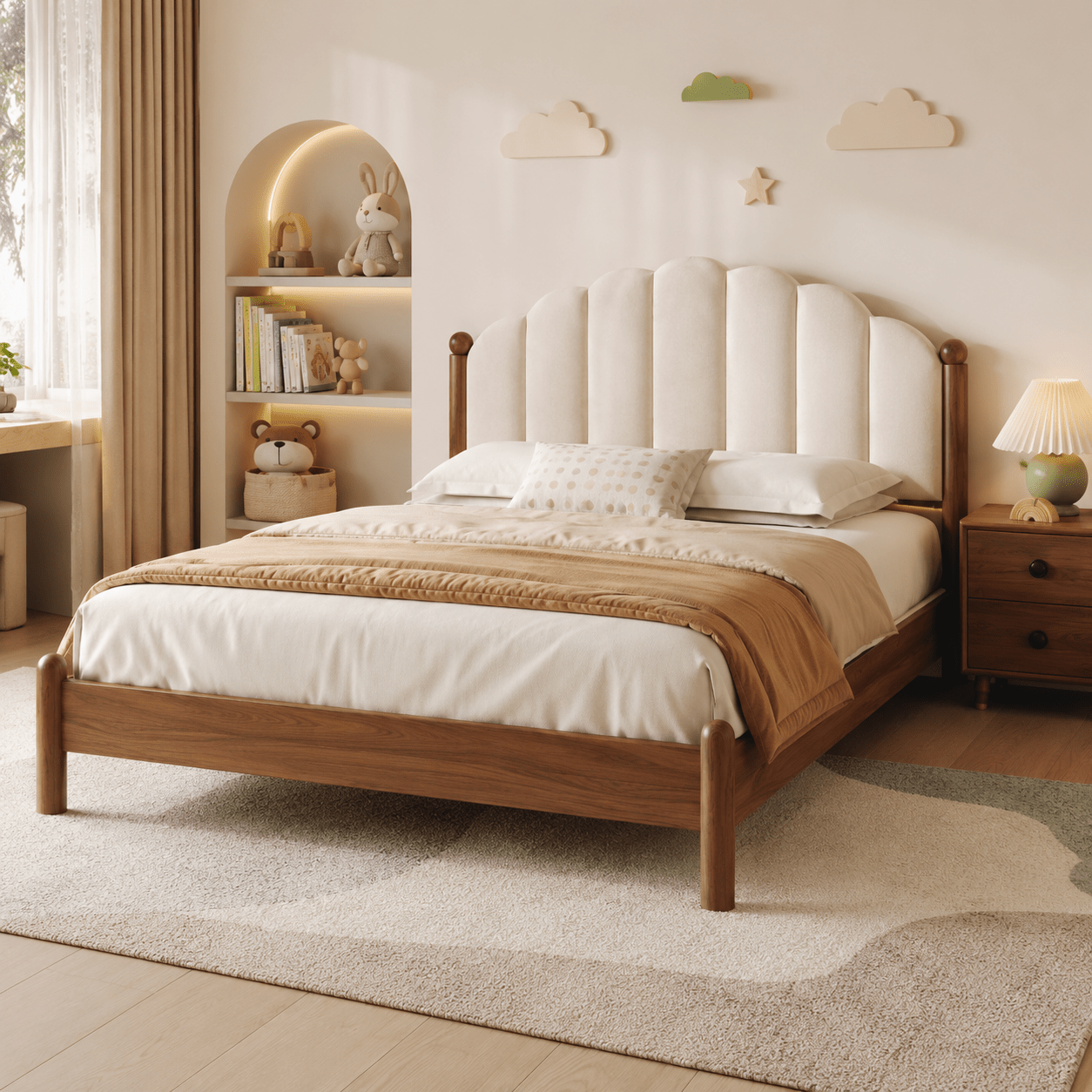 Elowen Kids Upholstered Walnut Wood Bed, product view 3 by WinSpaces