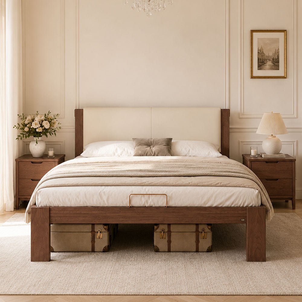 Elowen Solid Walnut Upholstered Platform Bed, product view 2 by WinSpaces