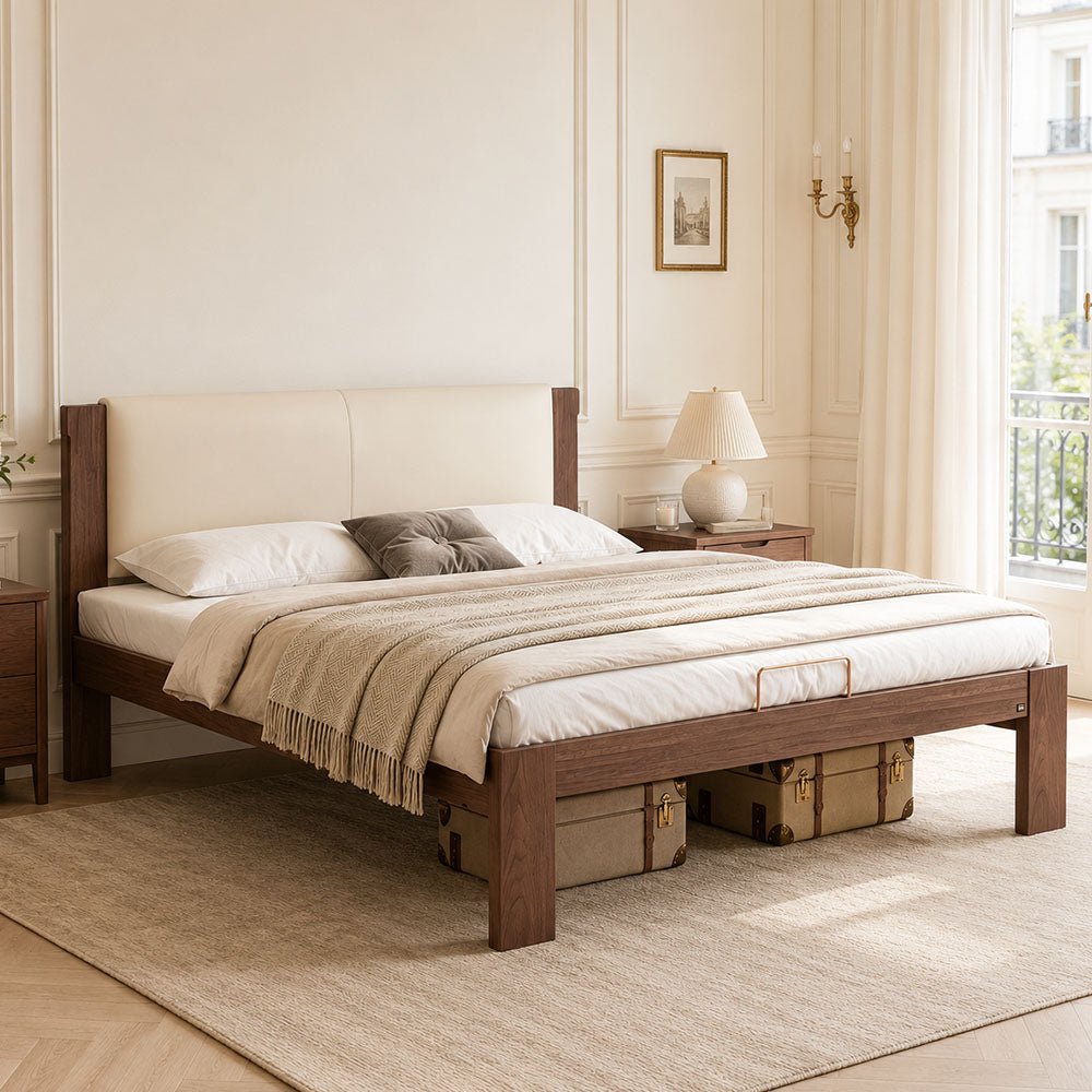 Elowen Solid Walnut Upholstered Platform Bed, product view 3 by WinSpaces
