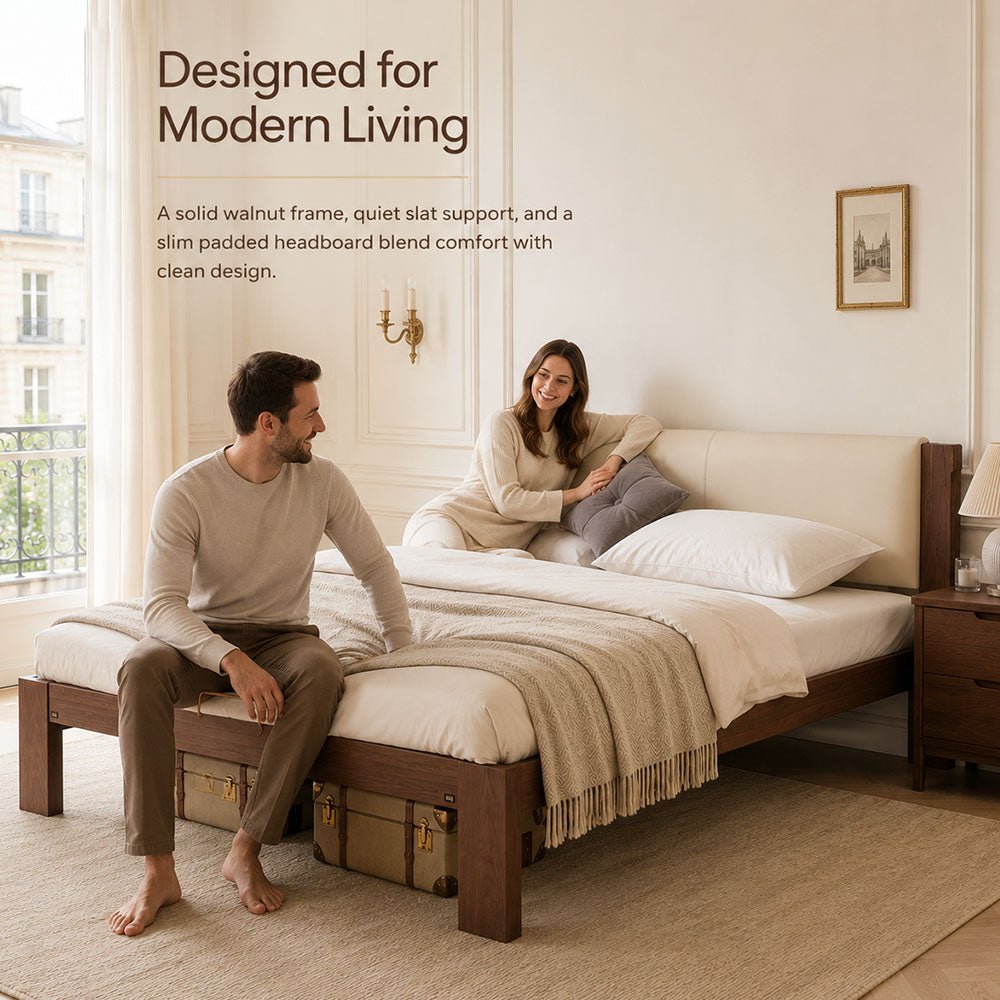 Elowen Solid Walnut Upholstered Platform Bed, product view 7 by WinSpaces