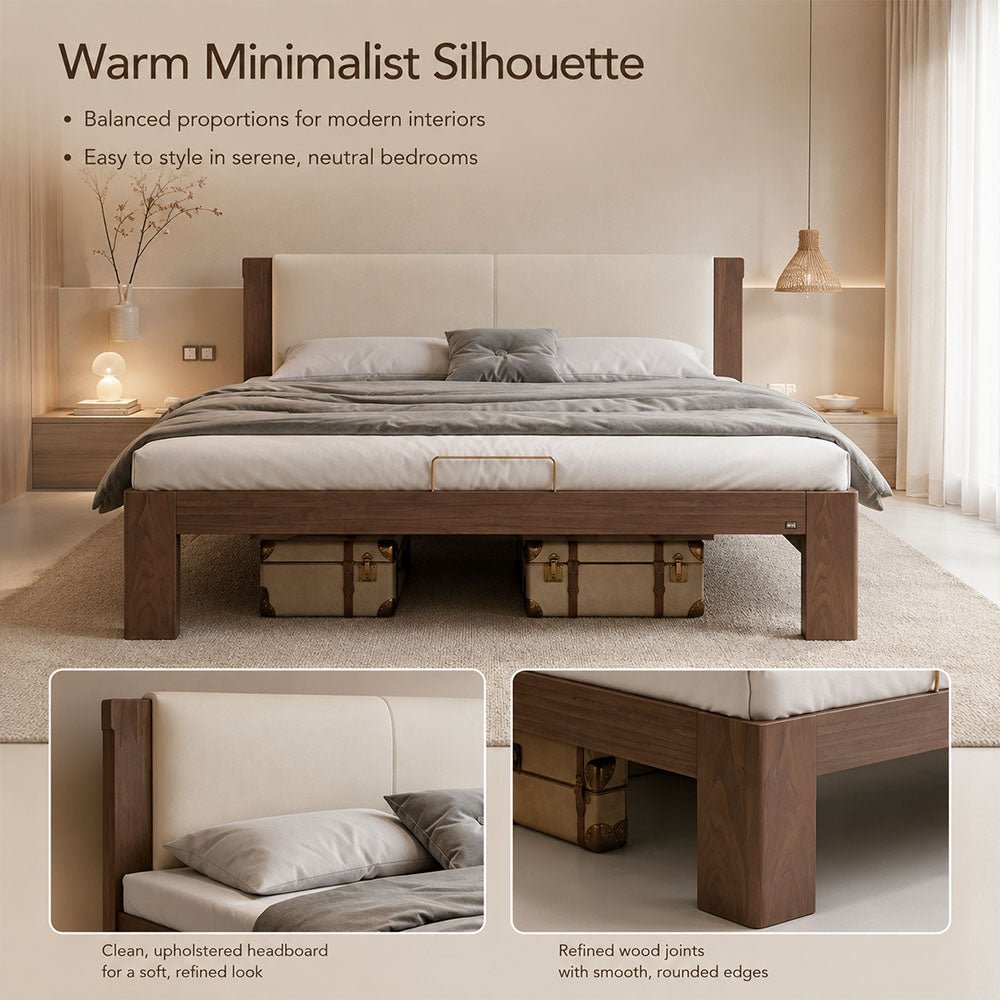 Elowen Solid Walnut Upholstered Platform Bed, product view 11 by WinSpaces